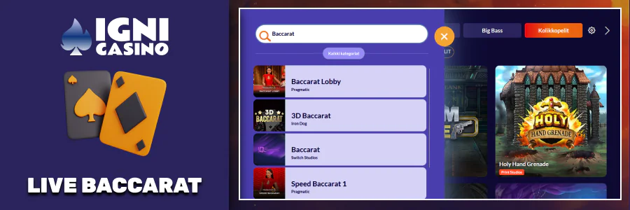 Igni Casino live baccarat, reaaliaikainen toiminta, ammattimaiset jakajat.