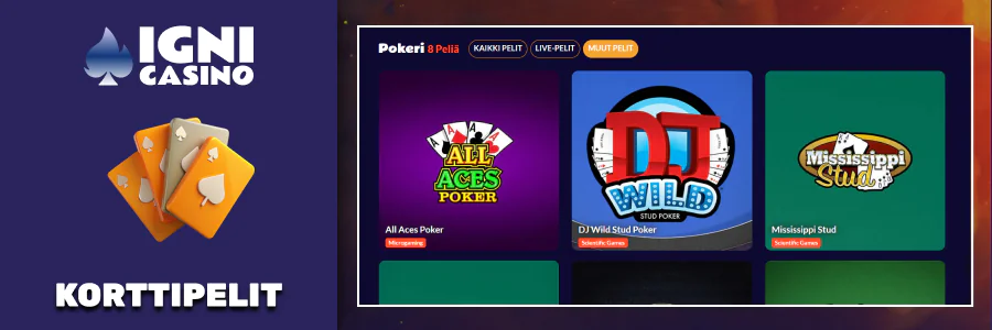 Igni Casino korttipelit, blackjack, pokeri, baccarat variaatiot.