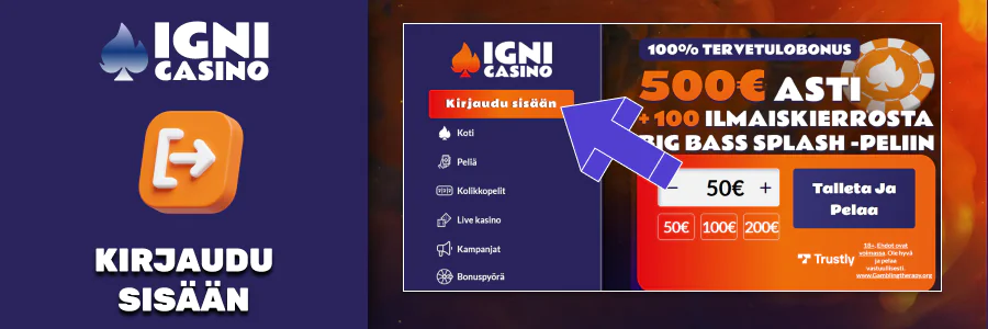 Igni Casino tilin kirjautuminen, pankkitunnistautumisprosessi.