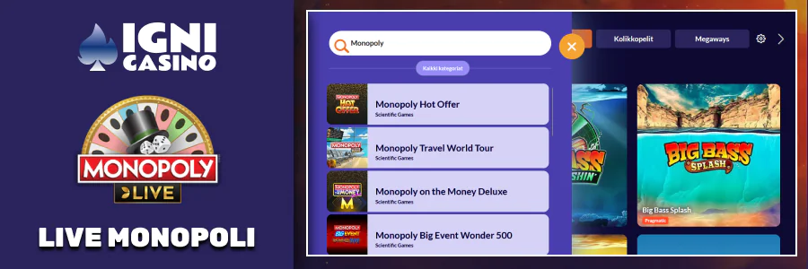 Igni Casino live Monopoli peli show, 3D bonuskierrokset.