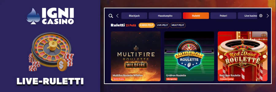 Igni Casino live ruletti, ammattimaiset jakajat, HD-lähetykset.
