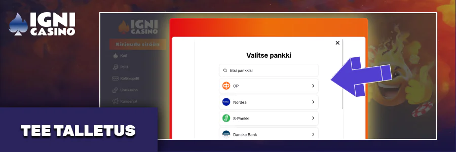 Talleta rahaa Igni Casinon tilillesi, pankkisiirto, Pay’n’Play.